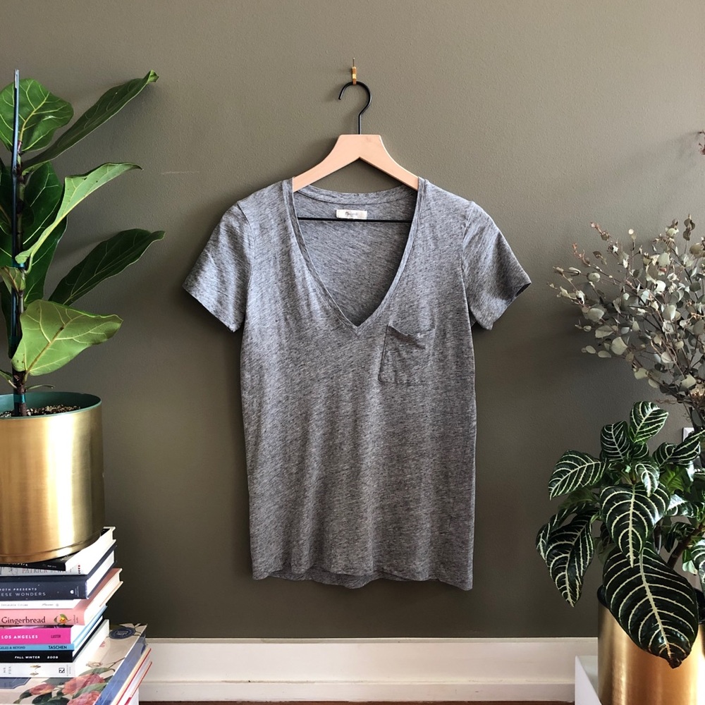 Madewell Dark Grey Cotton V-Neck Pocket Tee